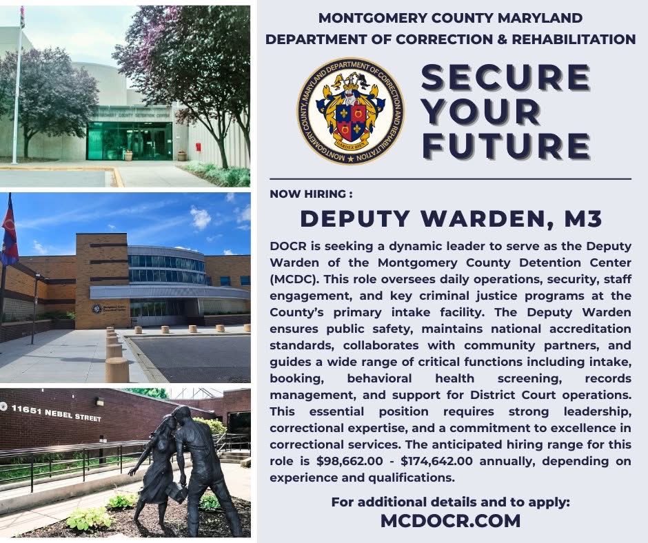 MoCoDOCR's tweet photo. We’re looking for a Deputy Warden. If you lead w/purpose, hold staff accountable, &amp; believe corrections can actually change lives—this one’s for you.
📍 Montgomery County Detention Center
🔗 https://t.co/Hu0j36CbYU
#Hiring #CorrectionsCareers #PublicSafety #DOCR #MontgomeryCounty https://t.co/LyCKYVzSbr
