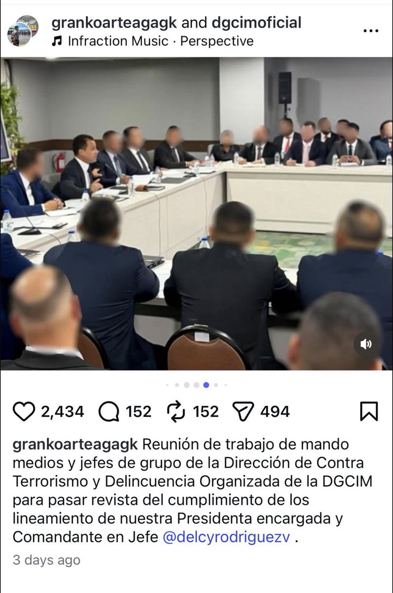 Lo que postea este mamarracho, 
grankoarteagagk: “Reunión de trabajo de mando medios y jefes de grupo de la Dirección de Contra Terrorismo y Delincuencia Organizada de la DGCIM” 

1. Para que le tapa las caras? Tenemos los nombres de todos. 

2. Ninguno sabe nada de pesquisa