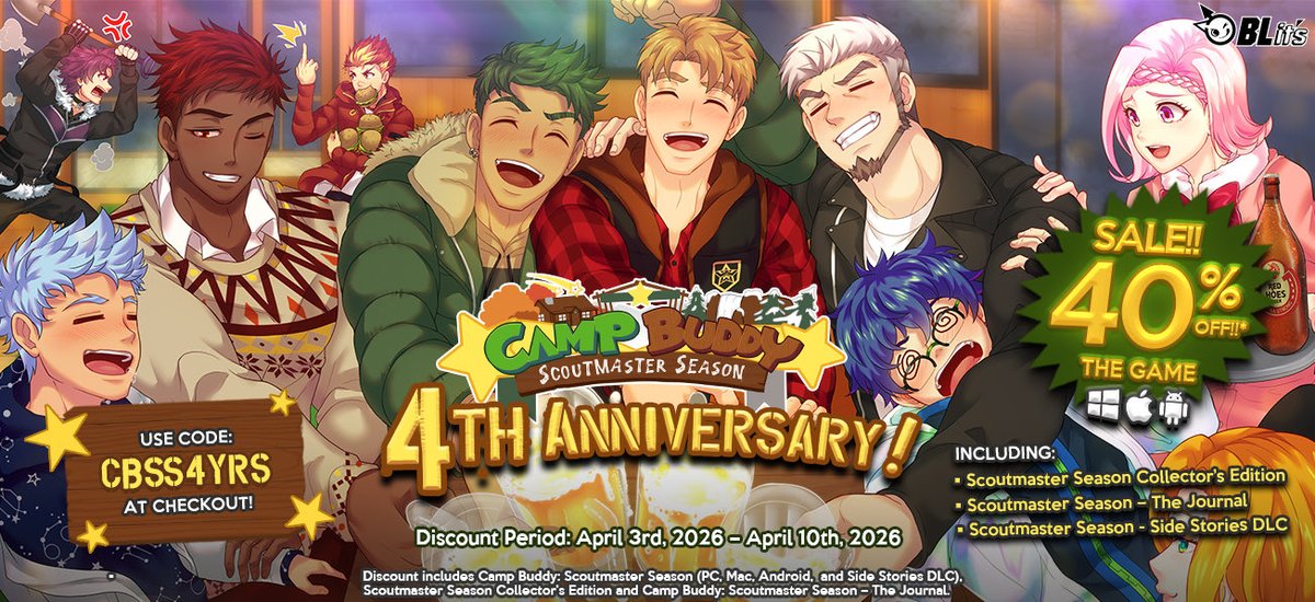 blitsblgames's tweet photo. It's the last few days of our #CampBuddy #ScoutmasterSeason sale!

For those that have played through already, let us know your favorite moments from the game (or #SideStories DLC!) 🥳🎉🎉 https://t.co/N1xPsIXa9H