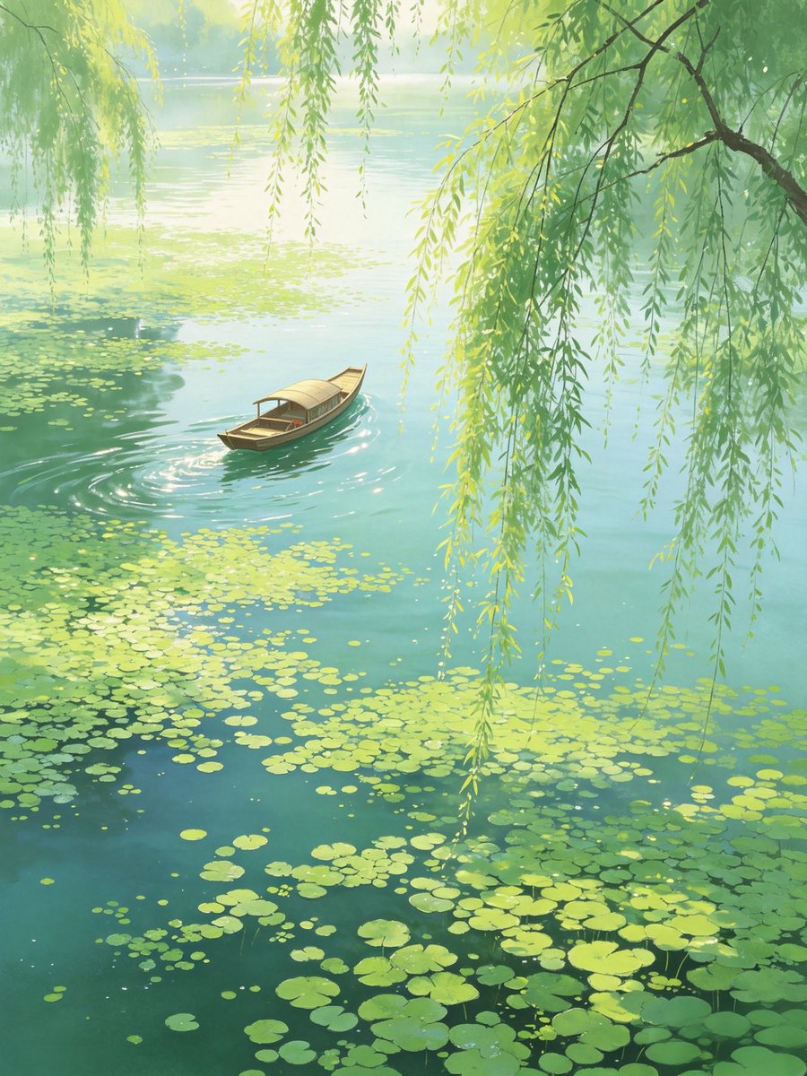 miaoxingW's tweet photo. 春池深且广，
会待轻舟回。
靡靡绿萍合，
垂杨扫复开。

The spring pond lies deep and wide,
waiting for a light boat to return.
Soft green duckweed gathers and closes,
drooping willows sweep it apart again.

—— 王维《皇甫岳云溪杂题五首 · 萍池》 https://t.co/SN3lnMG0la