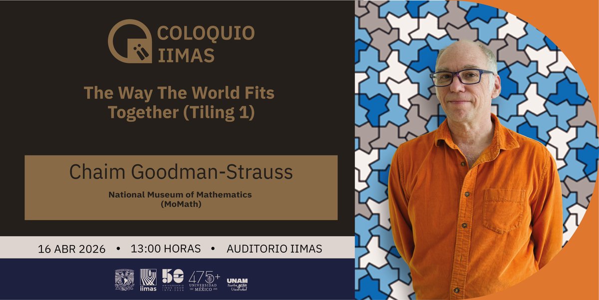 IIMAS_UNAM's tweet image. 🧩✨ El reciente descubrimiento de la pieza “Hat” nos invita a explorar grandes preguntas 🤯
En este Coloquio IIMAS, aprenderás el origen de la complejidad mediante rompecabezas de #Teselaciones combinatorias. 

🗓️ 16 de abril | ⏰ 13:00 h
📍 Auditorio IIMAS

#Matemáticas #Tiling
