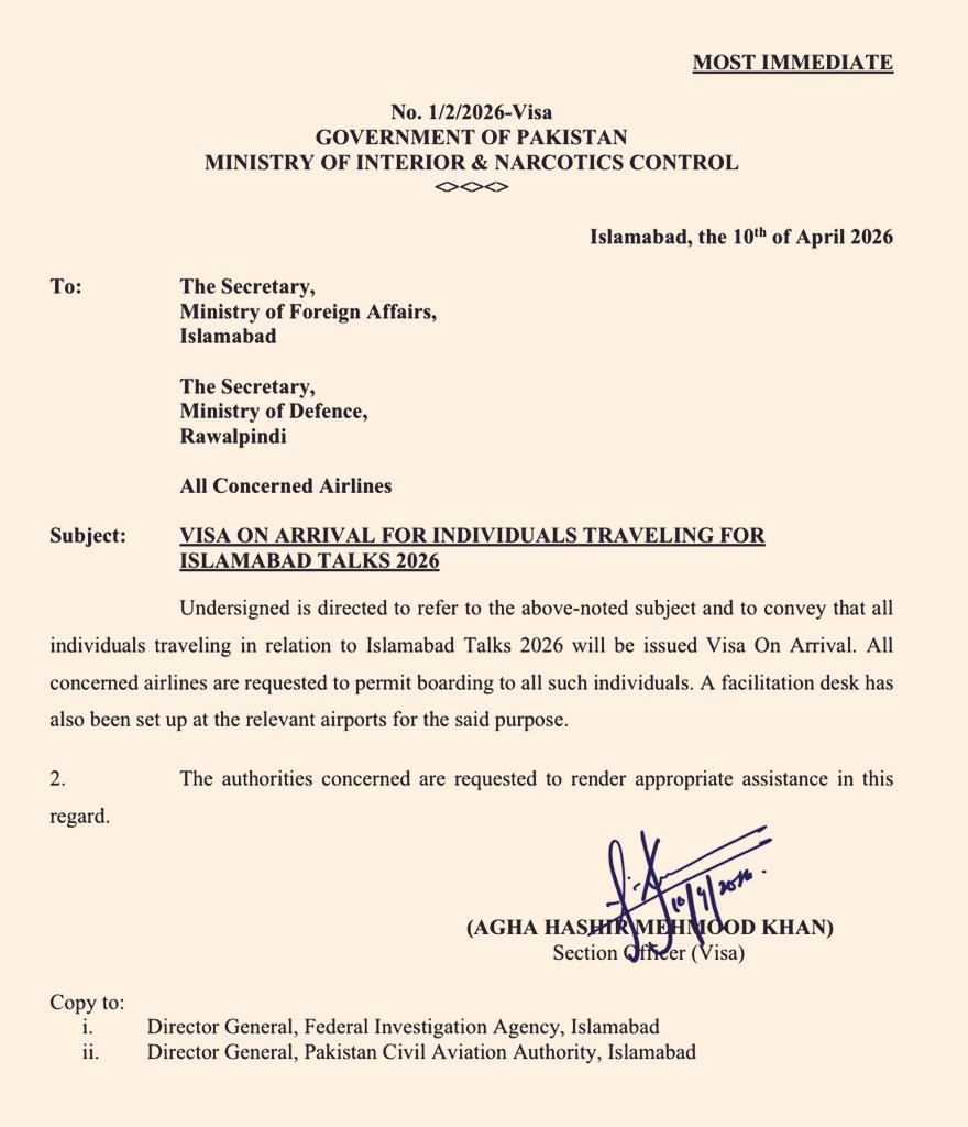 Pakistan Announces Visa-on-Arrival for Islamabad Talks 2026