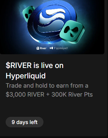Only 9 days left – join now!
This opportunity is about to slip through your fingers
Trade and hold to earn from a $3,000 RIVER + 300K River Pts
<a href="/River4fun/">River4FUN 🐝</a>  
<a href="/RiverdotInc/">River</a>