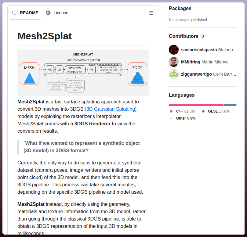 Converts meshes to 3D Gaussian Splatting https://t.co/vKJ4CRCIxy