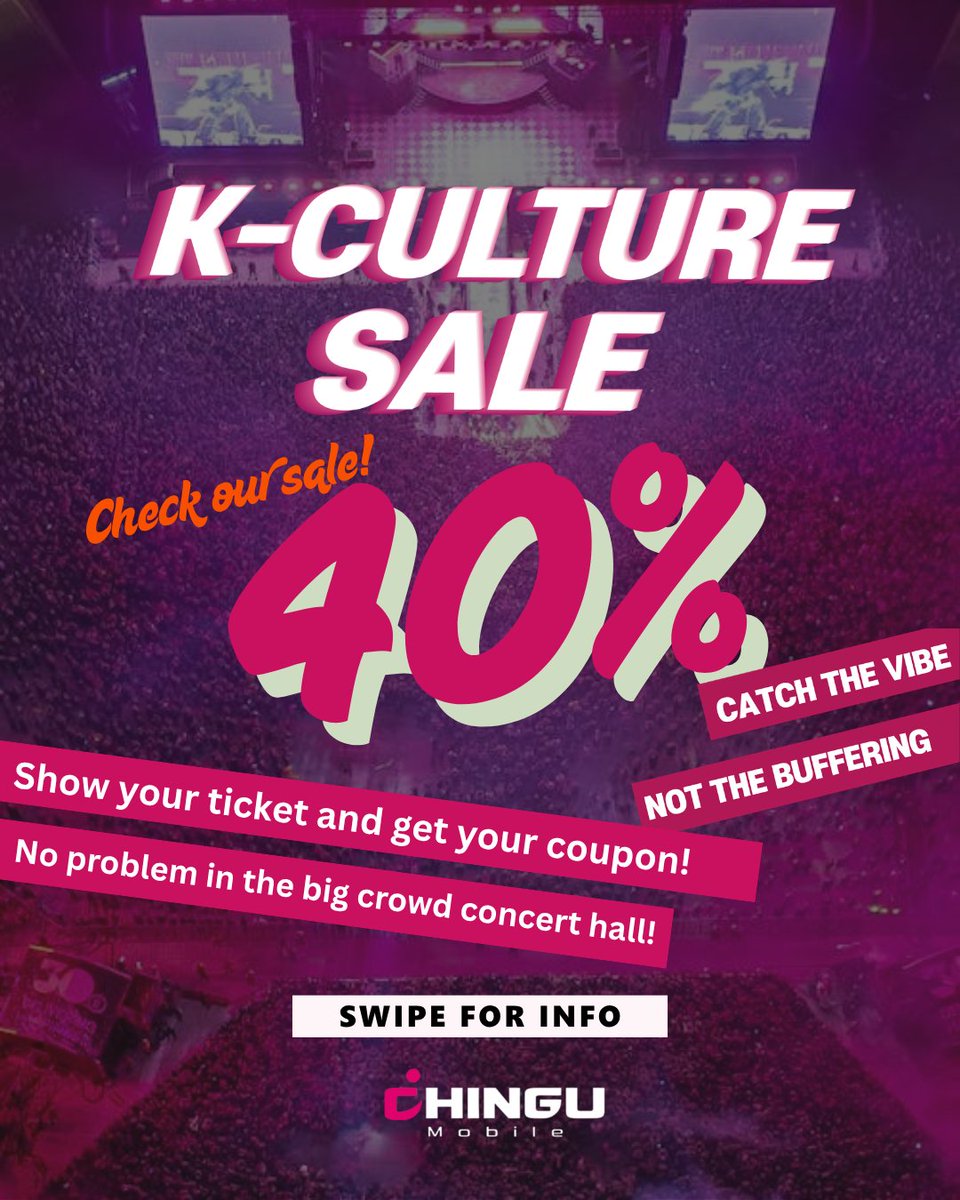 ChinguMobileKR's tweet photo. 🎫 CONCERT SALE! 💖✨

Show ticket ➡️ Get Coupon! 🎁

1️⃣ Follow @ChinguMobile 
2️⃣ DM: Ticket + Follow proof 📸
📡 Stay connected w/ Data eSIM! (DM to check compatibility) 📡

#ChinguMobile #BTS #BTS_WORLDTOUR_ARIRANG #BTS_WORLDTOUR_ARIRANG_GOYANG https://t.co/Aiqi5FdQnT