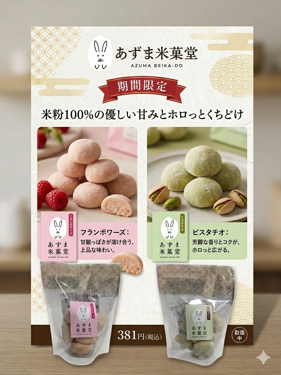 期間限定で、米粉クッキーの「フランボワーズ味」と「ピスタチオ味」を販売中です✨

米粉100％クッキーの優しい甘さにフランボワーズの酸味とピスタチオの香りがなかなか合います😀

店頭限定でのお取り扱いとなりますが、ぜひお試しください🍪

#あずま米菓堂
#米粉クッキー
#米粉100パーセント