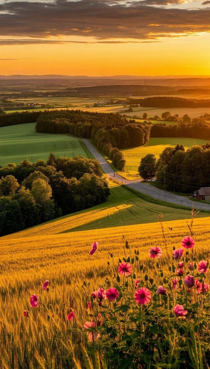 Golden sunlight spills across rolling green hills and a winding road, painting the landscape in a warm, peaceful glow. In the foreground, vibrant pink wildflowers sway gently above a golden wheat field, capturing the quiet beauty of a perfect summer evening.