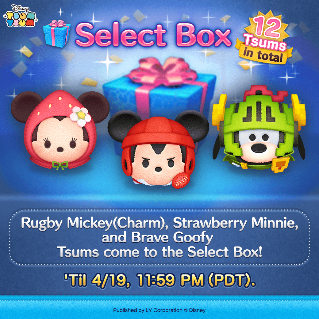 LINE_tsumtsum_g's tweet photo. A Select Box is available now! 🎀

✨ Featuring ✨
Rugby Mickey(Charm)
Strawberry Minnie ...&amp; more!

Play with up to 12 Tsums!

▼ Check out the Select Box!
https://t.co/Qts7lFx4ed

#TsumTsum https://t.co/OJEzomxP2q