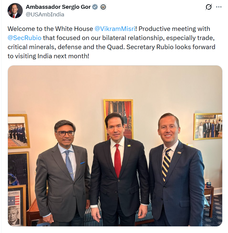 airnewsalerts's tweet image. Foreign Secretary #VikramMisri held a meeting with US Secretary of State #MarcoRubio during his ongoing visit to #Washington.

The meeting, held at the #WhiteHouse, focused on strengthening India–US cooperation across key sectors, including trade, critical minerals, defence