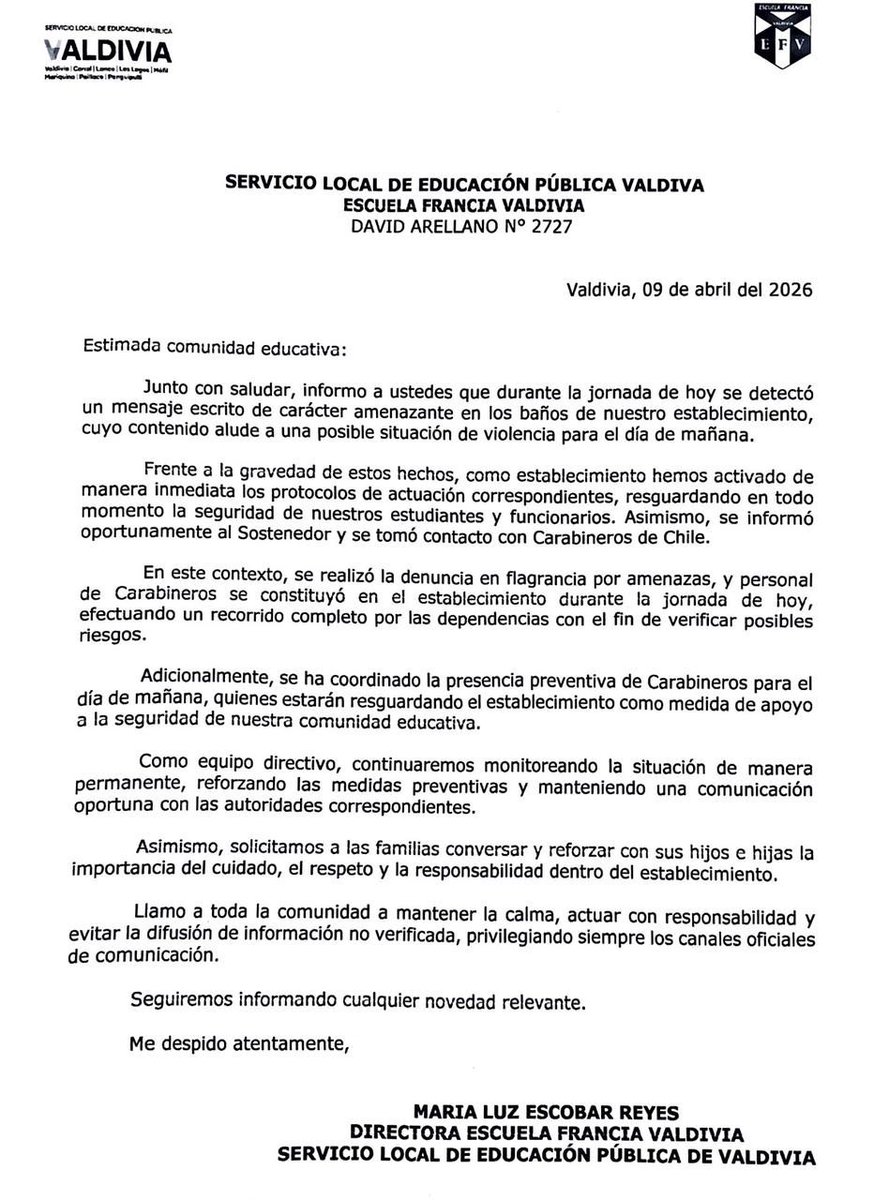 2016cruce's tweet photo. ✅ Preocupación de la comunidad tras mensajes en diferentes establecimientos educacionales de la región.

@Mineduc @seremieducrios 
#Panguipulli #lanco #sjmq #mafil #paillaco #loslagos #launion #futrono #lagoranco #riobueno #corral #valdiviacl #mariquina #elranco #losrios #viral https://t.co/kFgC270E4e