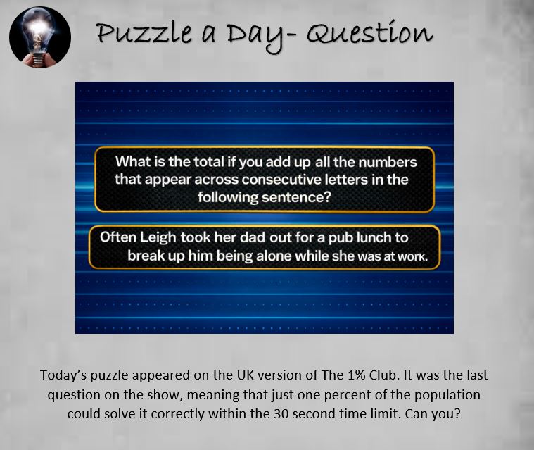 PuzzleADayBlog's tweet image. Puzzle: Are You In The Top One Percent?

#puzzle #puzzles #puzzleaday