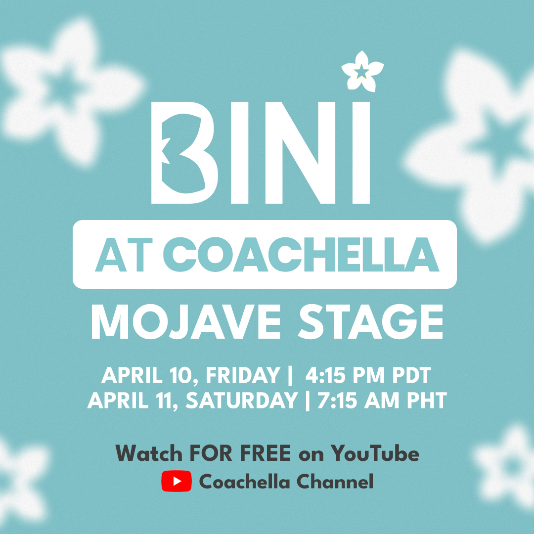 BINI is stepping onto the Coachella stage for the first time ever! 🌵🎡
 
Catch the historic performance of The Nation’s Girl Group during Weekend 1 on the Coachella YouTube channel!
 
LIVE PERFORMANCE TIME:
🇵🇭 April 11 | 7:15-8:00 AM PHT (Philippine Time)
🇺🇸 April 10 | 4:15-5:00