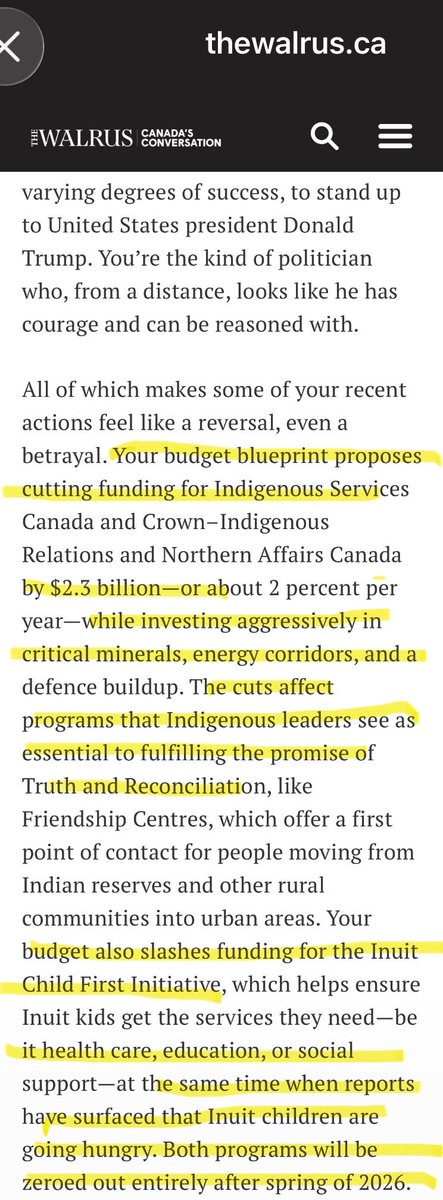 He passed “Build Canada Strong” Act—

To fast-track pipelines and mines on Indigenous land. 

No consultation. His own culture minister RESIGNED. 

600+ chiefs unanimously opposed. They called it "a subjugation." 

He cut $2.3B from Indigenous Services…

Inuit children going