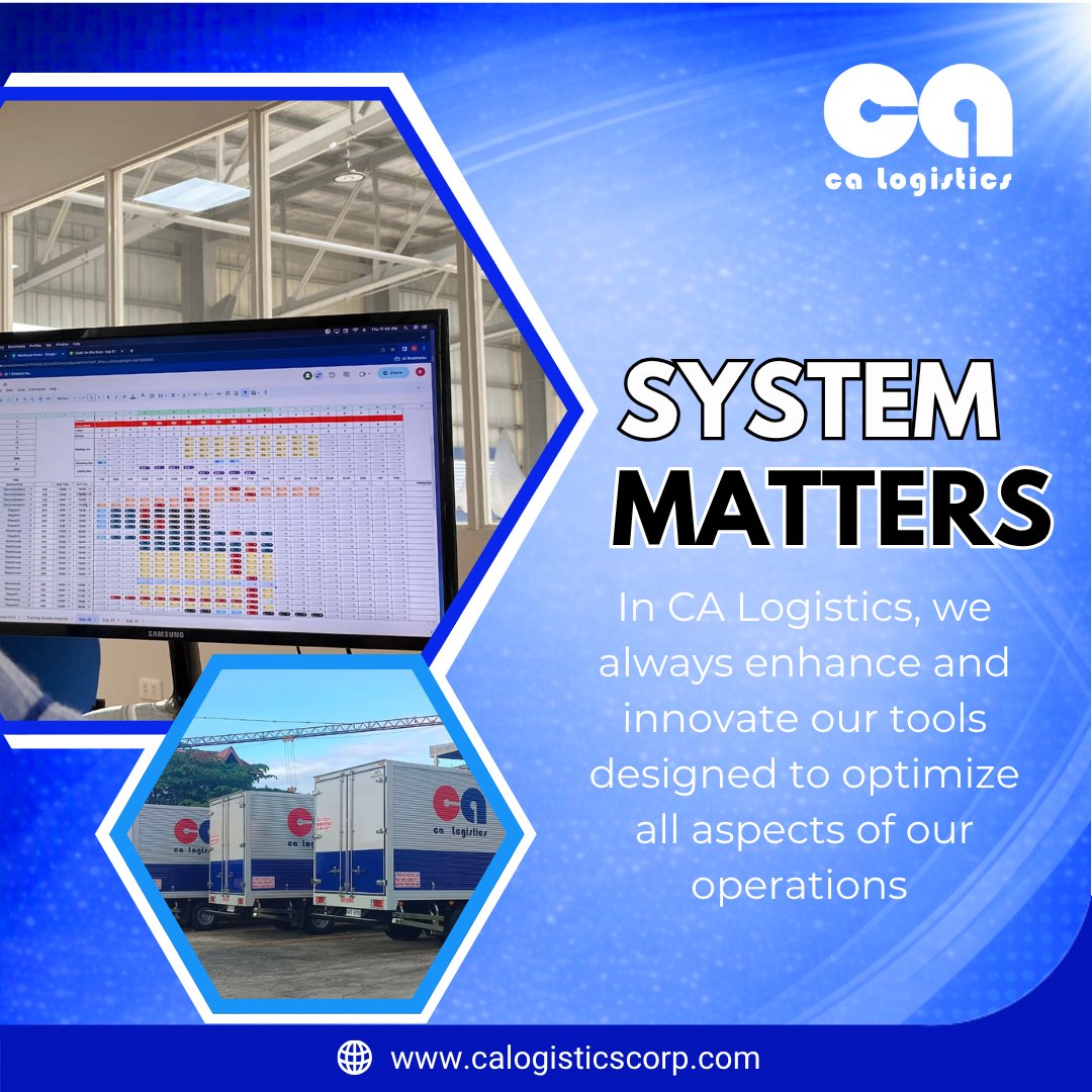 calogisticscorp's tweet image. SYSTEM MATTERS
In CA Logistics, we always enhance and innovate our tools designed to optimize all aspects of our operations.
#wedeliverthepromise
#makeiteasy
#calogistics
#logistics