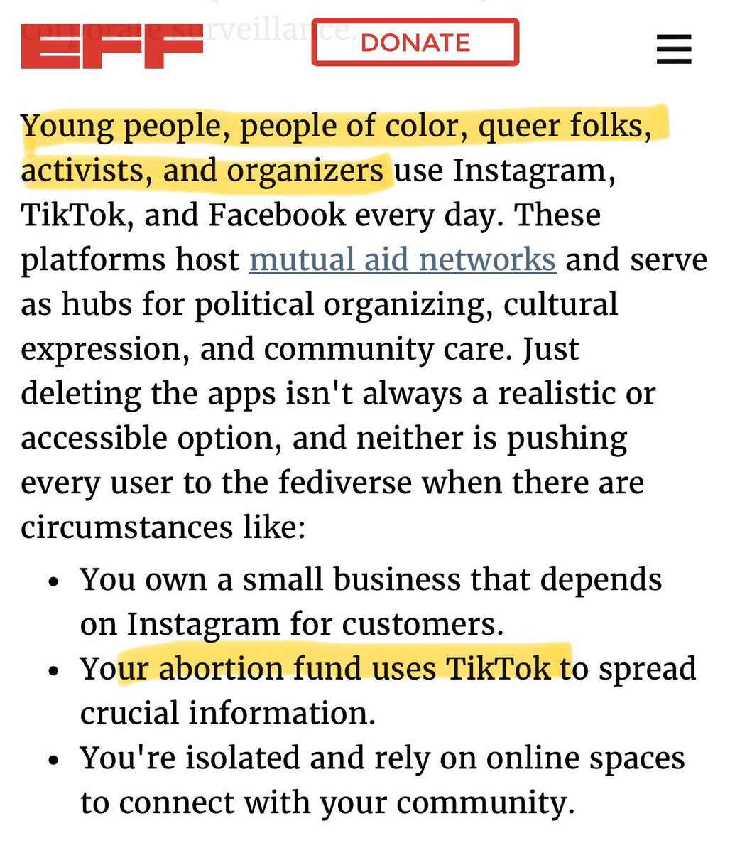 <a href="/ReclaimTheNetHQ/">Reclaim The Net</a> Here's part of the article on their exit, from the EFF website. They cobbled together other paragraphs to make their exit post here, but left all this out for some reason. 

So X isn't doing enough mutual aid for queer black abortions? OK. Bye EFF, nice skinsuit you got there...
