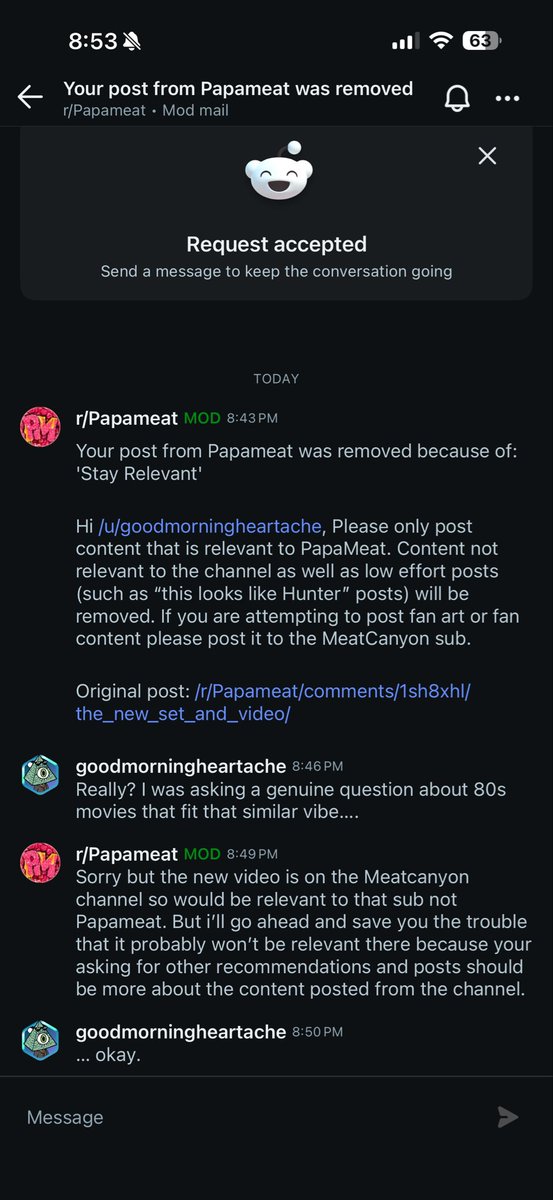 stepdadsatan's tweet photo. @meatcanyon your Reddit mods are trippin. I can’t post about meat canyon in the papa meat sub? https://t.co/VmDsjXb3c6