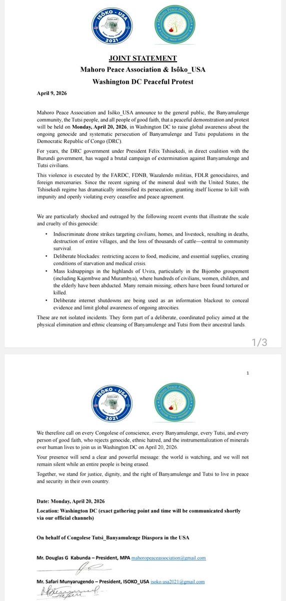 IsokoUSA's tweet image. 🚨 JOINT STATEMENT 🚨

#DRC #StopGenocide 
Villages burned.
Children abducted.
Communities cut off from food, medicine, and the world.

This is not conflict. This is ethnic cleansing, persecution and genocide against Tutsi and Banyamulenge in D.R.Cong o.

On April 20, 2026,