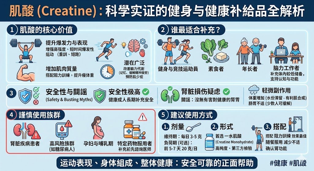andy88988696's tweet photo. 大家有听过肌酸吗？

在健身与保健领域，肌酸（Creatine）可说是少数真正经得起时间考验的补充品。

它不仅是运动营养学中研究最透彻、证据最充分的明星成分，更从健身房走向了日常健康维护。

无论你是重训爱好者、素食者，还是希望维持年长后肌肉与脑力的族群，肌酸都展现出实实在在的效益。

本文将从科学角度，为你完整解析肌酸的核心价值、安全性与正确使用方式。

1. 肌酸的核心价值：为什么它「好」？

提升运动表现：能显着增强高强度、短时间爆发性运动（如重训、短跑、冲刺）的表现，主要透过快速补充肌肉中的磷酸肌酸，加速ATP再生。

增加肌肉质量与力量：搭配阻力训练时，可有效提升瘦体重、肌肉力量与整体身体组成。

加速运动恢復：有助减轻运动后肌肉损伤，缩短恢復时间，并可能降低运动伤害风险。

潜在的广泛健康益处：不仅限于健身，还包括改善大脑能量代谢、缓解精神疲劳（尤其睡眠不足时）、预防老年人肌少症，以及对认知功能（如记忆）的辅助支持。

现代研究更显示其对整体健康维护有正面潜力。

2. 谁最适合补充肌酸？

健身与竞技运动员：特别是需要力量、速度与爆发力的族群，获益最为明显。

素食者（纯素或蛋奶素）：由于天然肌酸主要来自红肉与鱼类，素食者体内储备通常较低，补充后的改善幅度往往比一般人更显着（包括运动与认知层面）。

年长者：有助维持肌肉量、提升功能性表现，并预防因衰老导致的肌少症与身体功能退化。

脑力工作者或精神压力大者：在睡眠不足或高认知需求时，可能有助缓解疲劳与支持记忆等认知功能。

3. 安全性与副作用分析

安全性极高：对于健康成人，长期补充（甚至长达5年以上、每日剂量适当）已被大量研究证实安全且耐受性良好。副作用发生率与安慰剂组无显着差异。

闢谣肾脏损伤疑虑：临床证据显示，肌酸不会损害健康者的肝肾功能。

血液中肌酸酐（Creatinine）轻微升高，主要是肌酸代谢的正常现象，并非肾功能受损。

常见轻微副作用：

体重增加：主要来自肌肉细胞内水分滞留，这其实有利于肌肉合成与训练表现。

肠胃不适：少数人可能出现腹泻或轻微噁心，通常可透过分次服用、减少单次剂量或随餐摄取来缓解。整体而言，这些副作用发生率低且临床意义不大。

4. 哪些人应避免或谨慎使用？

肾脏疾病患者：已有肾衰竭、肾功能不全或肾囊肿者应避免使用，以免增加肾脏负担。

高风险族群：糖尿病或高血压患者若有潜在肾病变风险，补充前务必谘询医师并定期监控肾功能。

孕妇与哺乳期妇女：目前缺乏足够的安全性临床数据，因此不建议使用。

药物交互作用：正在服用可能影响肾功能的药物（如非类固醇抗炎药NSAIDs或利尿剂）者，应先谘询医师。

5. 建议的使用方式

剂量建议：

每日固定补充 3–5 克（大多数人足够）。

补充来源：水肌酸（Creatine Monohydrate） 是研究最充分、性价比最高的形式，建议选择纯度高、经第三方检验的可靠品牌。

搭配阻力训练效果最佳；可随餐服用以减少肠胃不适；补充前最好确认自身肾功能正常。

总而言之，肌酸不仅是优质的保健食品，更是科学背书最强的营养补充品之一。

如果你是运动爱好者、素食者、关心肌肉维持的年长者，或是需要支持脑力与恢復的人，肌酸都是非常值得考虑的选择。

只要没有肾脏相关问题，并按照建议剂量与方式使用，它能为你的运动表现、身体组成与整体健康带来显着且安全的正面帮助。

建议补充前可先咨询医师或营养师，确保适合个人状况，并从优质产品开始。

#健康 #肌酸