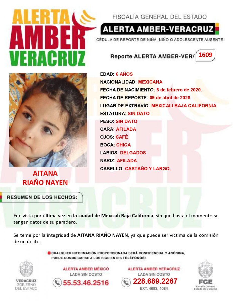 #AlertaAmber 🚨| Se solicita de su ayuda para difundir la siguiente alerta de búsqueda. Se teme por la integridad de la C. Aitana Riaño Nayem de 6 años de edad, quien fue vista por última vez en #Mexicali, #BajaCalifornia 
 
🔃Apoyas también compartiendo esta publicación🔃