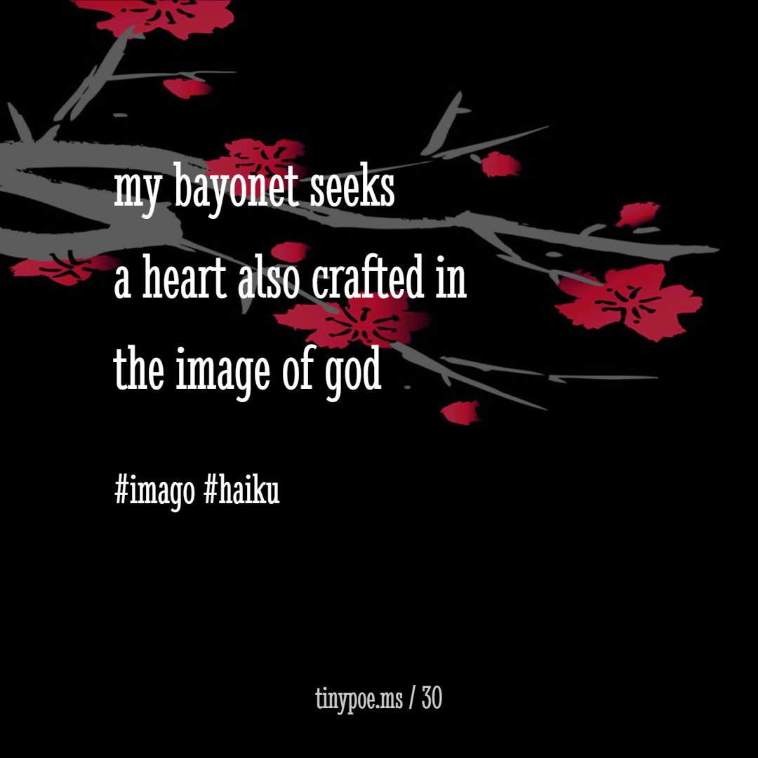 karmaniverous's tweet photo. my bayonet seeks 
a heart also crafted in 
the image of god

#imago #haiku

https://t.co/8HzeiKHjR0 https://t.co/wZq4ugyYs4