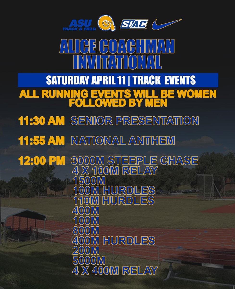 ASUTFXC's tweet photo. Quick reminder for this weekend ‼️

Swipe for Meet Schedule

#ASUTF | #THESTANDARD | #EARNIT 🐏💙💛 #HBCUtrackandfield https://t.co/Ia6TibkEtl