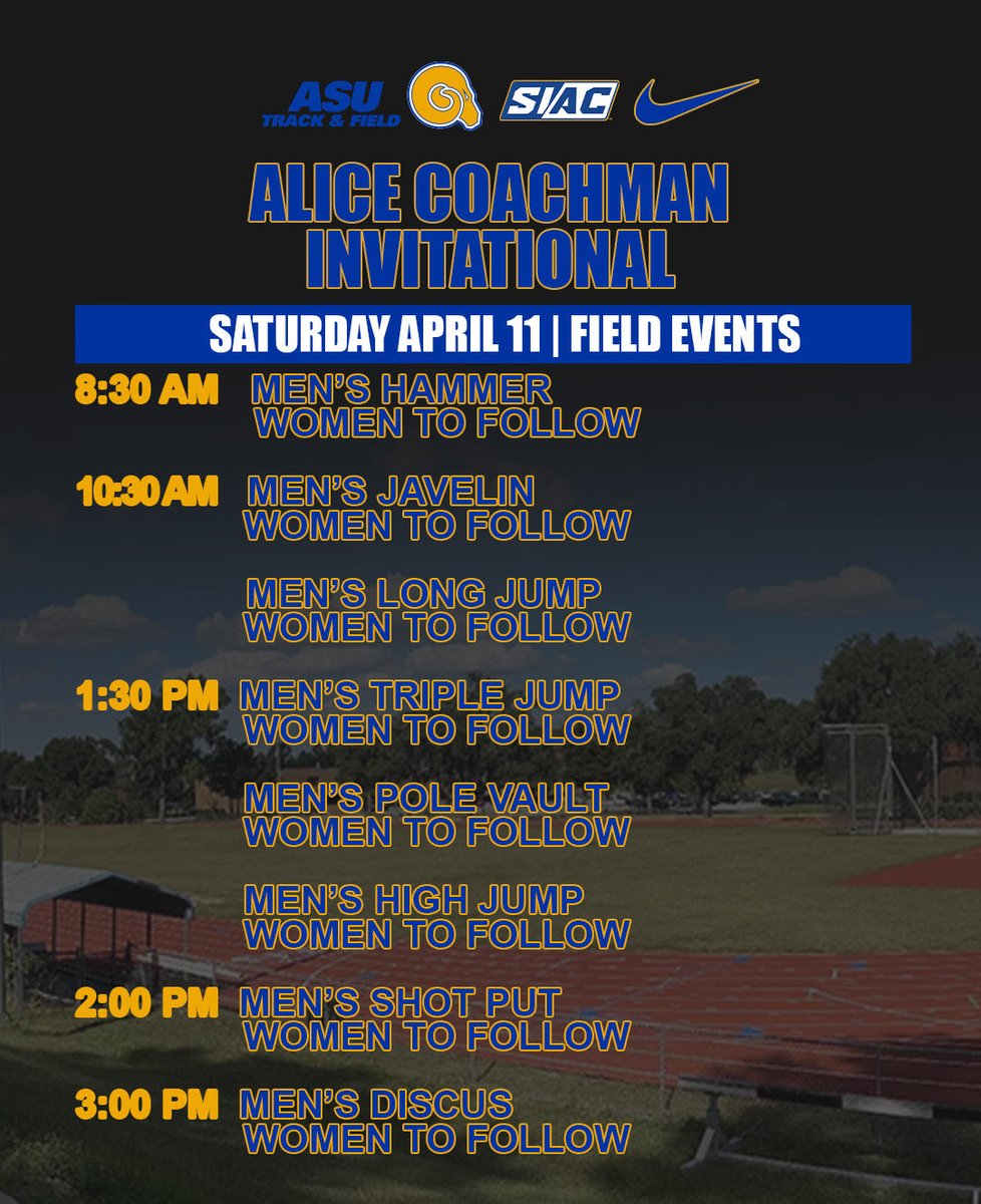 ASUTFXC's tweet photo. Quick reminder for this weekend ‼️

Swipe for Meet Schedule

#ASUTF | #THESTANDARD | #EARNIT 🐏💙💛 #HBCUtrackandfield https://t.co/Ia6TibkEtl