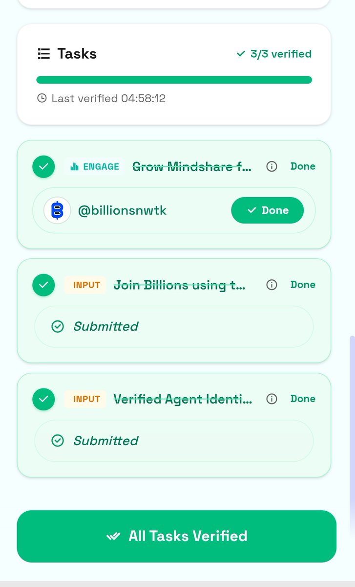 Harun9220055268's tweet photo. I’ve completed all the #CityProtocol tasks on @billions_ntwk The process was smooth and seeing that 3/3 verified status feels great✅
The Billions Network ecosystem is growing stronger on Base, and I’m proud to be part of this journey from the start.
TGE is getting closer https://t.co/OtsZLTfgQ0