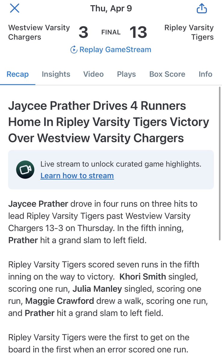 JayceePrather09's tweet photo. I had a great night at the plate tonight ending the game with a grand slam. I also made a great diving catch at 3rd to get the batter out on 1st. We are now 5-1 in district play. @carsonowens12 @DustyRhode87739 @JC_CoachTDEW @BUWildcats @betyree @ChelseaEFarmer @collinminga @ElzeyMatt @CoachBBuchanan @Jamie_Trachsel @NataliePooleUSM @cbramlett18 @CoachBecca7712 @KassieD23 @west10sports @bmcusoftball @scraigmassey @Coach_SniderSB @KarenWeekly @coachgillyy @ashlieghmclean @erinsmithIX @Coach_Ricketts @TrenaPrater