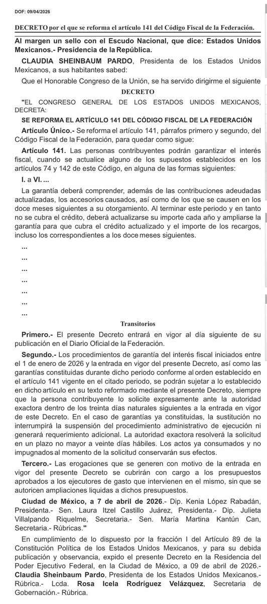AsesorFiscalAGS's tweet photo. DECRETO por el que se reforma el artículo 141 del Código Fiscal de la Federación. Edición vespertina del @DOF_SEGOB correspondiente al 9 de abril de 2026.👇🏻👇🏻

@SATMX @TFJAMexico https://t.co/bGbslBRdRs