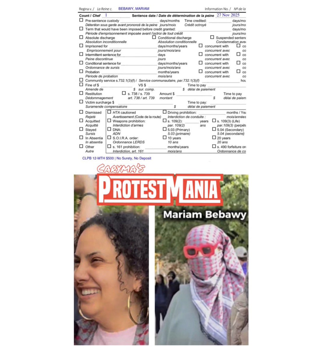 CarymaRules's tweet image. #UPDATE

Mariam Bebawy, the protester who approached my videographer from behind and pulled down his pants, exposing his genitals to a hostile crowd, has had her assault charge withdrawn in exchange for a one-year common law peace bond.

This means there will be no trial and no