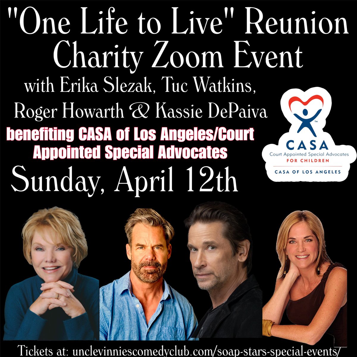 Are you ready for Sunday’s Zoom Event with Erika Slezak, Tuc Watkins, Roger Howarth and Kassie DePaiva all for a great cause Casa Of Los Angeles!  Just a few tickets available ci.ovationtix.com/35774/producti…