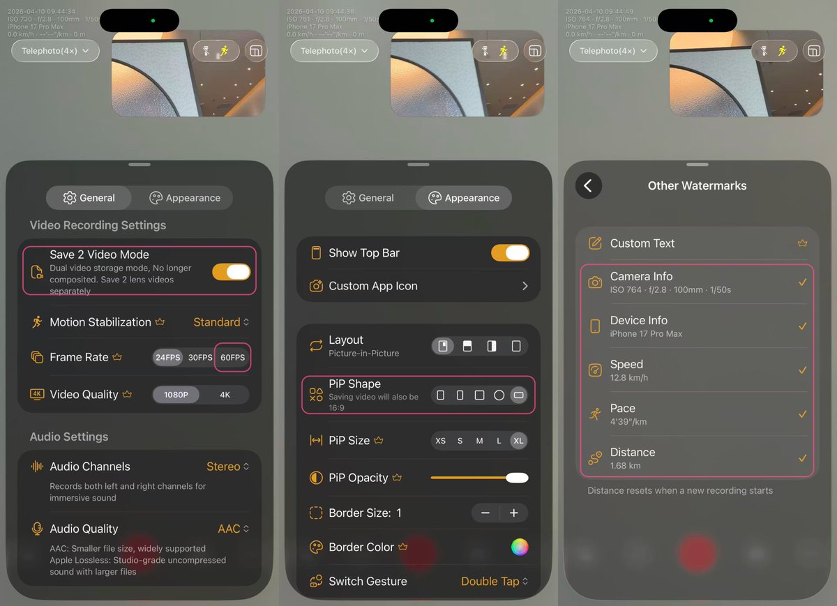 LockLauncherApp's tweet photo. ✨ 2Camera v1.3.3 Released!
⏬ https://t.co/4JZj5r1tbg
• New: dual video save mode to store each camera’s video separately
• New: 16:9 PiP and video export ratio support
• New: More watermark: speed, pace, distance, camera info, device info
• New: Added 60 FPS video support https://t.co/PGhHhjXm3A