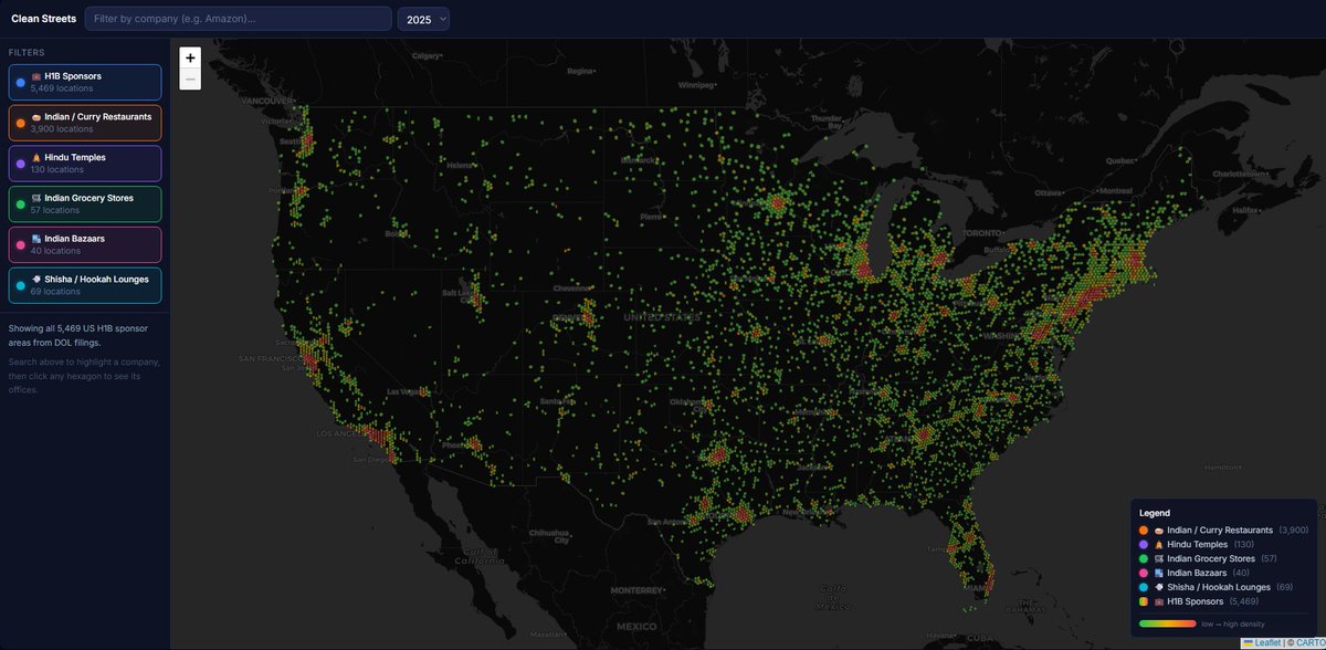 Clean Streets is now live. Its an Indian density map that shows where are the H1B sponsors are located and info about each one of them as well as the locations of Indian restaurants / Hindu Temples / Indian Grocery Stores ect  cleanstreets.info
