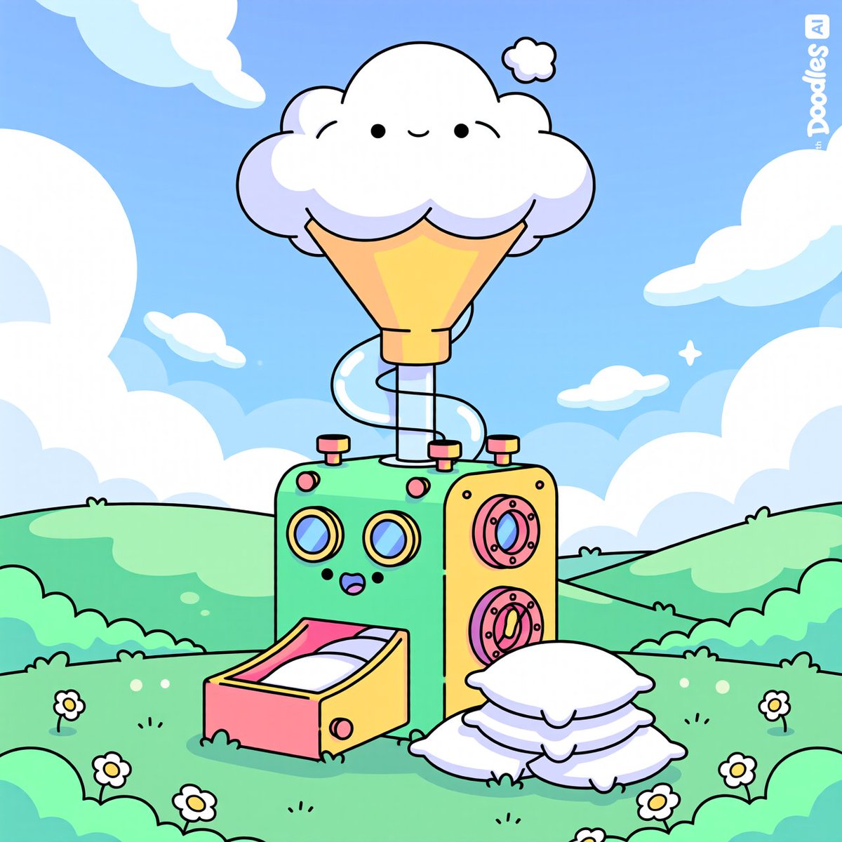 SumoPickle's tweet photo. Ready for an epic nap? Meet the Cumulo-Napper! ☁️ This machine grabs the puffiest clouds right out of the sky and turns them into the world's softest pillows.
⚠️WARNING - May occasionally produce a Storm Snooze pillow that rumbles with thunder if the user snores too loud 🌩️ https://t.co/y3iaUz5o8R