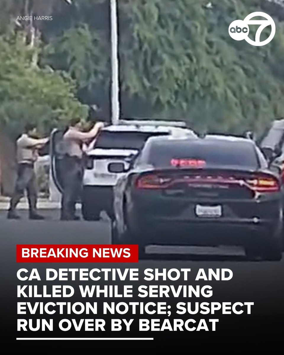 ABC7's tweet image. #BREAKINGNEWS: A Tulare County Sheriff's Office detective was shot and killed while serving an eviction notice at a home in Porterville, California on Thursday, according to authorities. The suspect was killed after Kern County SWAT made the decision to run him over with a