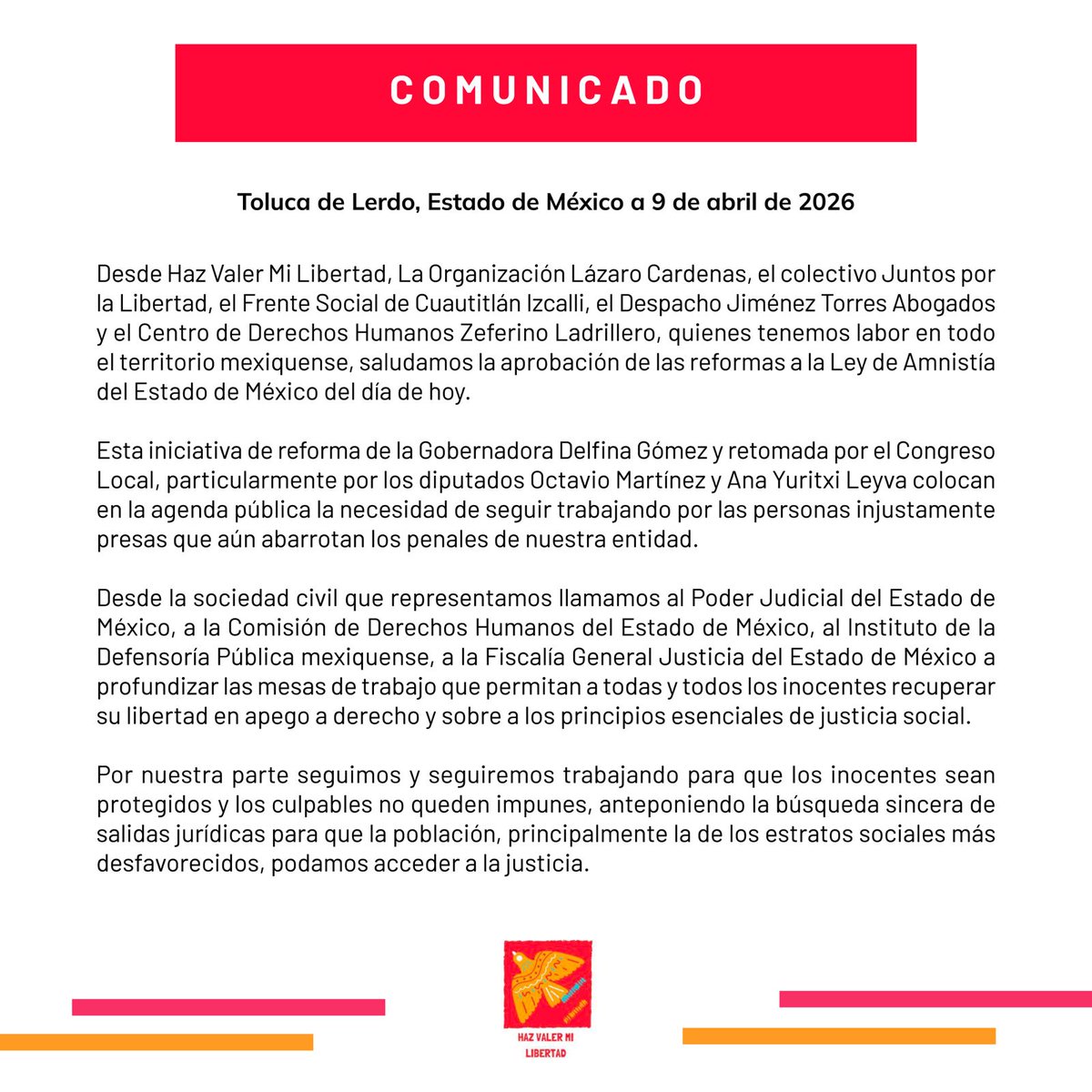 Hazvalermilibe1's tweet photo. #Comunicado a todos los medios de comunicación y autoridades del estado de México emitimos el presente comunicado referente a la aprobación de la Reforma de la Ley de Amnistía en el estado de México.

#InjustamentePresos
@delfinagomeza @CODHEM @VDPombudsperson @mgdohector @Edomex https://t.co/PrccRm9o9E