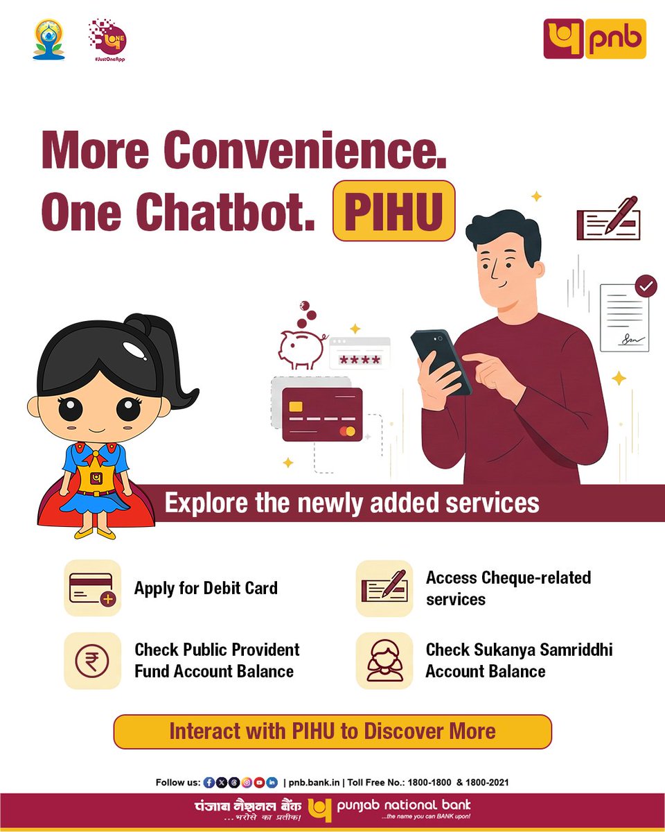 pnbindia's tweet image. Explore newly added services on PIHU.
Visit our official website pnb.bank.in and experience convenient banking at your fingertips.

#PNB #Banking #DigitalBanking #BankingMadeEasy #PIHU