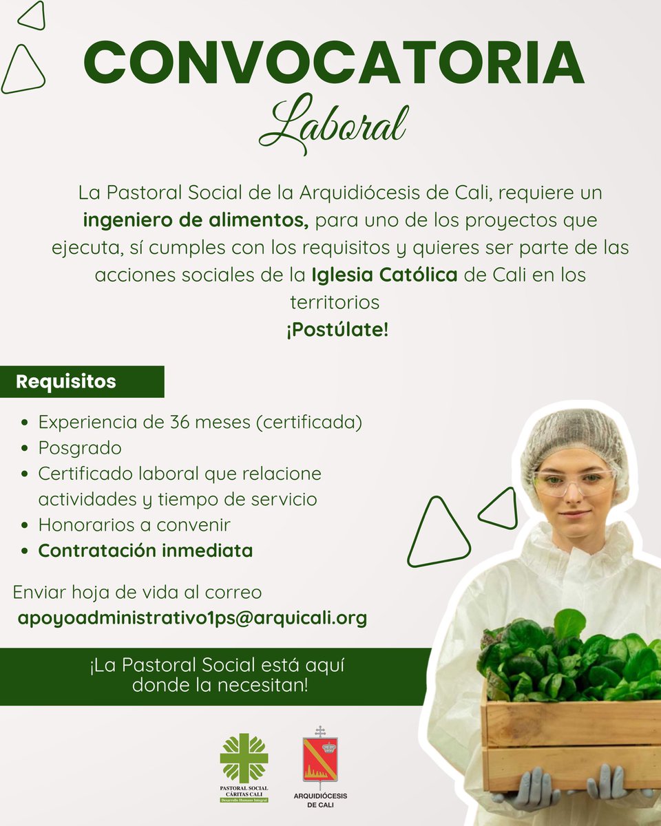 PaSocialCali's tweet photo. 📢 ¡Convocatoria laboral en Cali!
La Pastoral Social de la Arquidiócesis de Cali busca Ingeniero(a) de Alimentos 🥼🌱

✔️ Experiencia certificada
✔️ Posgrado
✔️ Contratación inmediata

📩 Envía tu HV: apoyoadministrativo1ps@arquicali.org

¡Súmate a transformar vidas! https://t.co/BOKupBDu9C