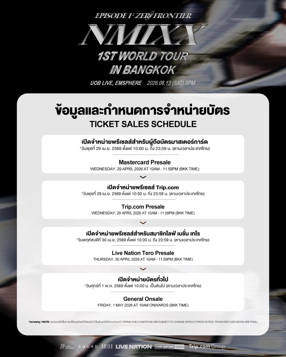 livenationth's tweet image. (1/2) คัมแบ็กครั้งใหม่ของดาวรุ่งตึกฟ้า ที่ทำไทย NSWER ใจสั่น! ᯓ★.
NMIXX 1ST WORLD TOUR &amp;lt;EPISODE 1: ZERO FRONTIER&amp;gt; IN BANGKOK
📅 13 มิ.ย. 2569 📍 ยูโอบี ไลฟ์ เอ็มสเฟียร์

🎫 จำหน่ายบัตร
• พรีเซลส์สำหรับมาสเตอร์การ์ด วันที่ 29 เม.ย. (10:00 - 23:59 น.) ที่ bit.ly/nmixxzerofront…