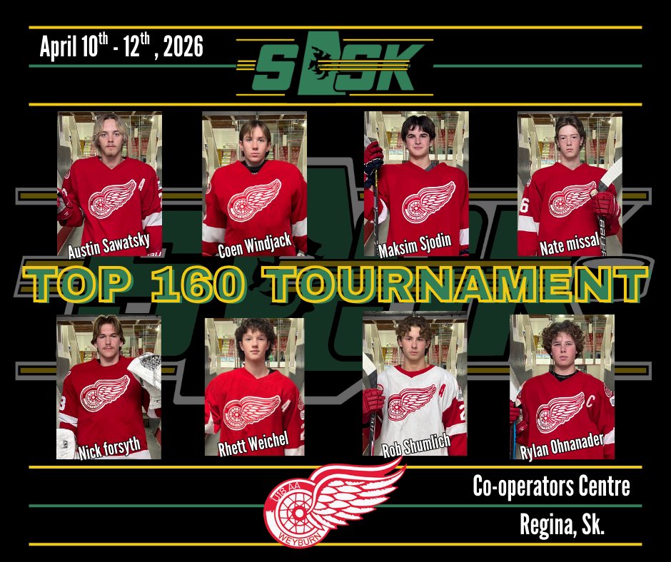 RedU18aa's tweet photo. Good luck to the following players heading to the SaskFirst Top 160 Tournament this weekend in Regina.
A huge opportunity to showcase your skill, compete with the best, and represent your teams with pride. 
Play hard, trust your training, and leave it all on the ice. https://t.co/AUAneThU2B