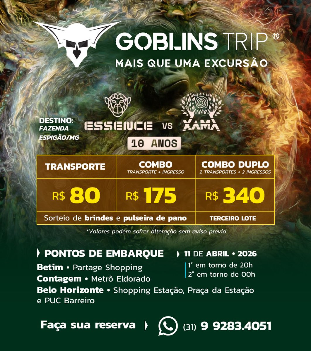 🍃 Excursão Goblins Trip XAMA &amp; ESSENCE 2026 - BH/Contagem/Betim

🍃 Vagas limitadas! Faça ja sua reserva!
🍃 Indique amigos e ganhe descontos!
🍃 Água na ida e na volta!
🍃 Pulseira de pano exclusiva da excursão!

👇 Grupo da excursão 👇
chat.whatsapp.com/BQY87ToDNpqBY0…