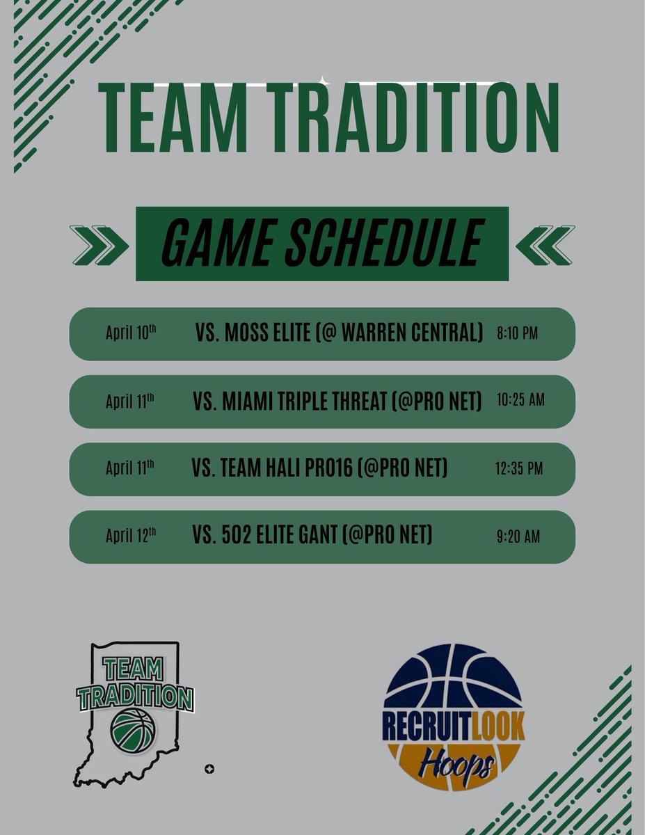 TeamTradition27's tweet photo. Team Tradition 2027 roster &amp; schedule for Recruit Look Indianapolis Showcase https://t.co/mNRzMNKwSk