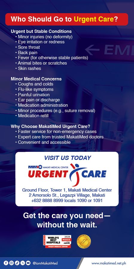 IamMakatiMed's tweet photo. Need immediate medical attention but is overall in a stable condition?

Proceed to the URGENT CARE CENTER instead of the Emergency Department!
- Faster service for non-emergency cases
- Expert care from trusted MakatiMed doctors
- Convenient and accessible https://t.co/RscBFz8Rv2