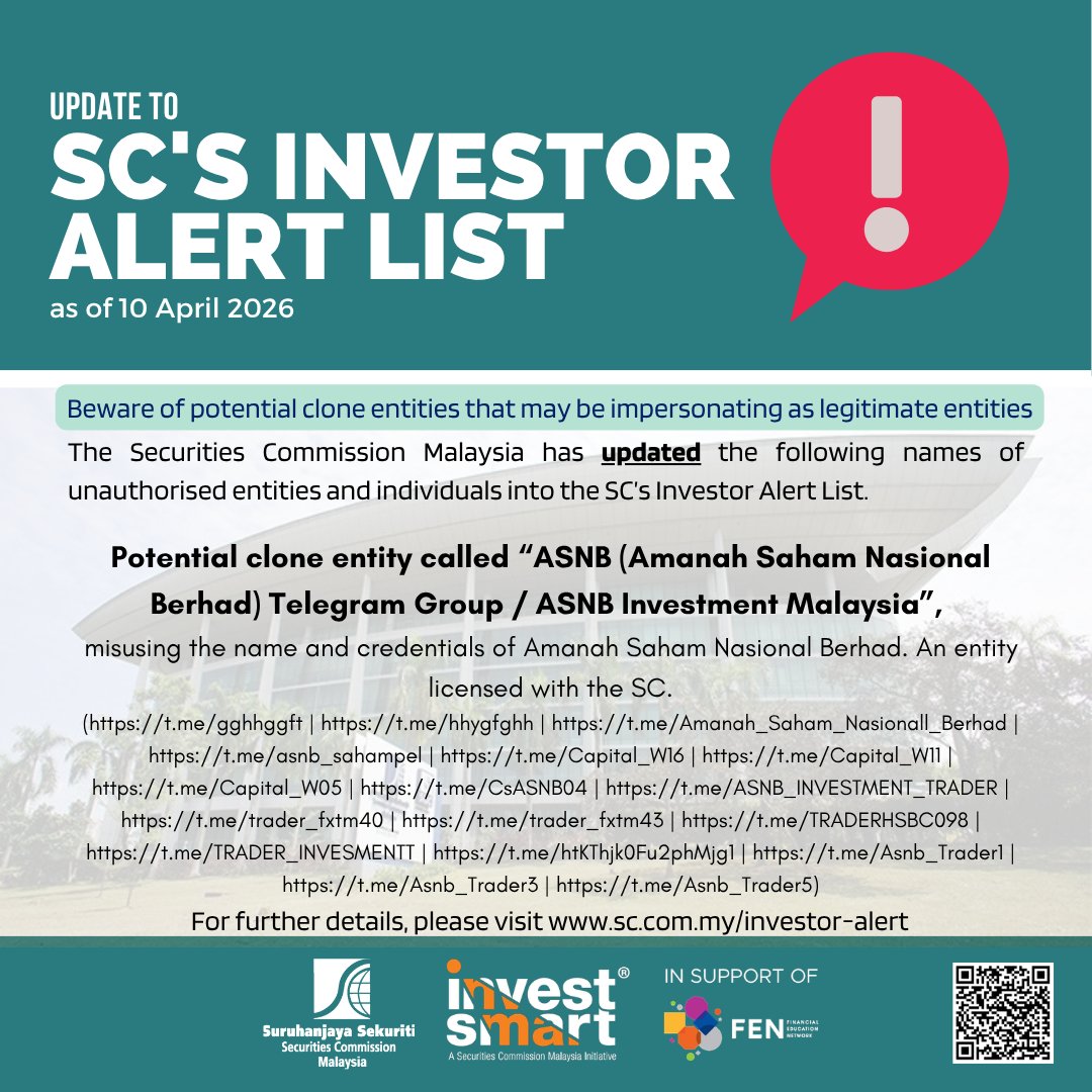 InvestSmart_SC's tweet photo. The SC has updated its Investor Alert List - https://t.co/z0FXkbNJ44…
Always check the SC’s Investor Alert List before investing.

SC telah mengemaskini Senarai Peringatan Pelabur - https://t.co/z0FXkbNJ44…
Sila rujuk Senarai Peringatan Pelabur SC sebelum melabur.
#seccommy https://t.co/oADAzoctu0