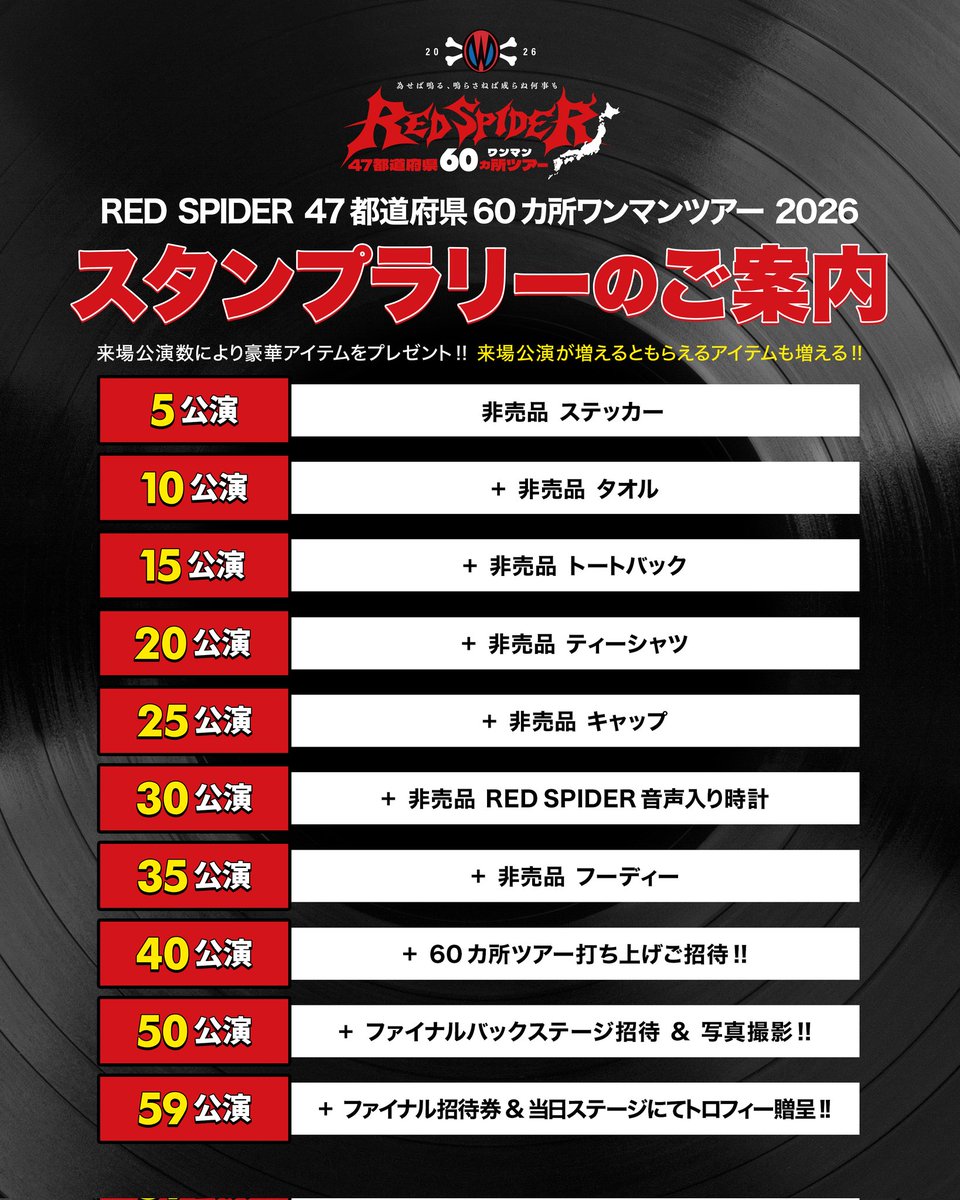 【今夜19:00よりチケットペイにて一般発売開始‼️】
RED SPIDER 47都道府県60カ所ワンマンツアー 2026
~為せば鳴る、鳴らさねば成らぬ何事も~
各公演チケットが発売開始🔥

昨年は即完売公演も多数。
少量販売の公演もございますのでご注意ください。
チケット争奪戦必至のため、お買い逃しなく⚡️