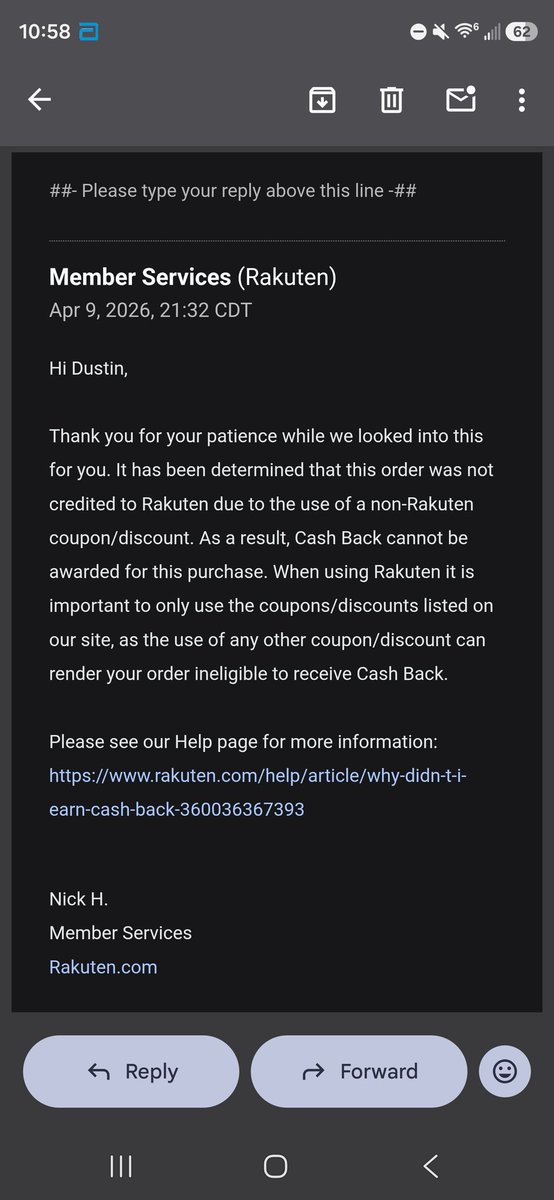 Resendetra88's tweet photo. @Rakuten We've been loyal users but I'm being denied cash back and a referral bonus because your support agent thinks a verified Military account status is a 'coupon.'. Can a supervisor please help? #CustomerService https://t.co/WHztfxvYFO