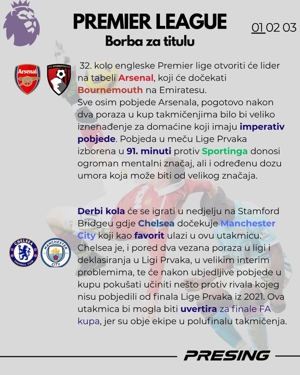 presingba's tweet photo. Najava 32. kola Engleske Premier Lige. Kraj sezone se bliži a samim tim bodovi nikad bitniju nisu bili, kako na vrhu tabele tako i na dnu gdje nas isčekuje okršaj koji će možda i odlučiti sudbine nekih ekipa.
#bih #presing #premierleague https://t.co/rG1W25uwOe