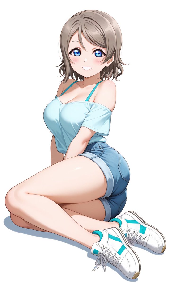 TAKA45085501's tweet photo. #ラブライブ、今日の渡辺曜ちゃんはライトブルーオフショルダーでカジュアル全開！  
デニムショートパンツにスニーカー合わせて横座り笑顔、めっちゃ親しみやすくて可愛いです。  
いつも全力でダンスしてる曜ちゃんだけど、こんなゆったりしたポーズも新鮮で大好き。
曜ちゃんの元気パワー、み��なにも届きますように！  
#渡辺曜