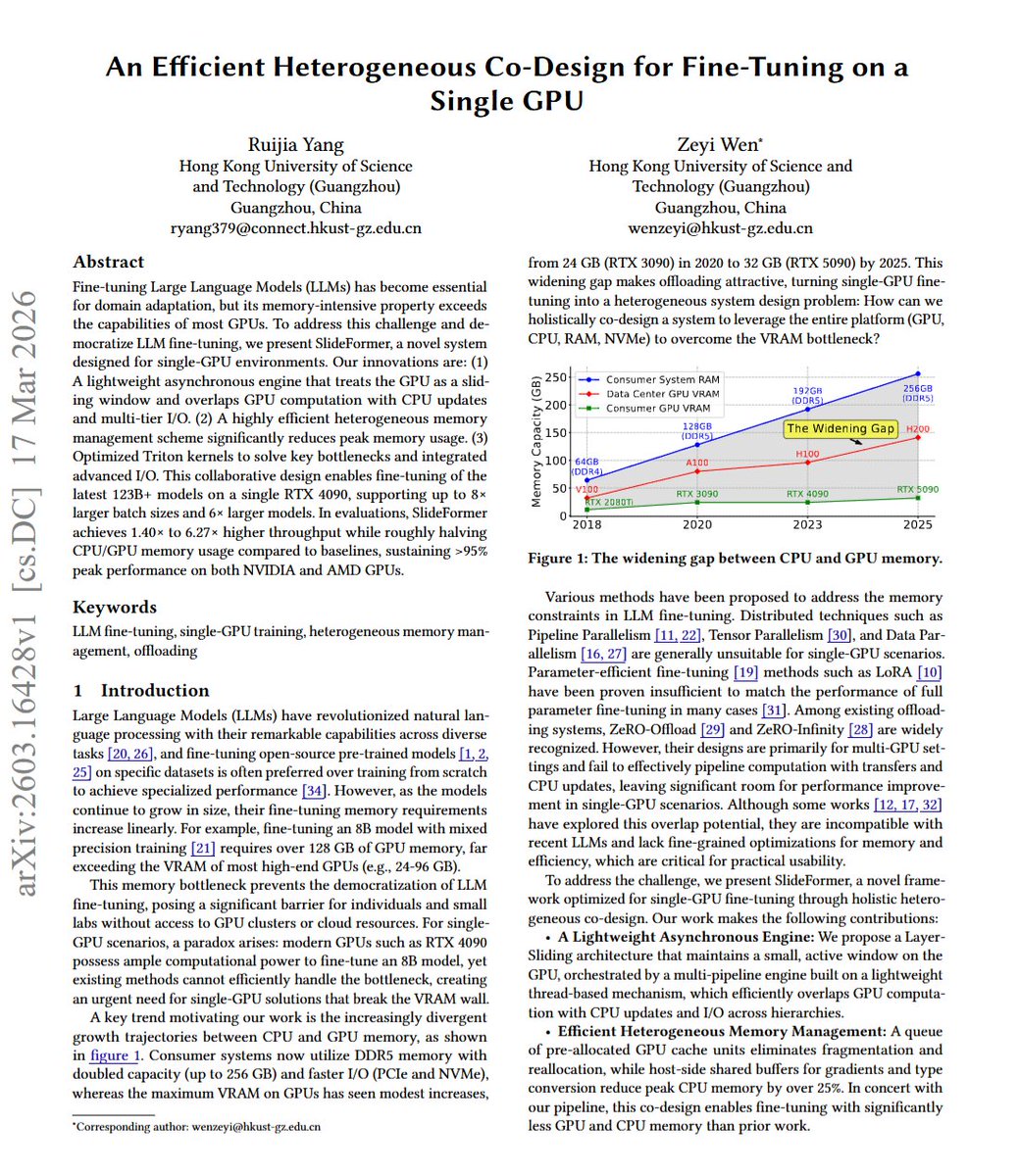 YangOkabe's tweet photo. We are excited to share that SlideFormer (An Efficient Heterogeneous Co-Design for Fine-Tuning on a Single GPU), publicly posted on arXiv on March 17, 2026, has been accepted to DAC 2026. 

More importantly, we believe that single-GPU full-parameter fine-tuning of 100B+ models should not be viewed merely as a headline number. It is fundamentally a systems problem — and an extreme but meaningful benchmark for testing the roofline and design limits of a training framework under heterogeneous memory constraints.

SlideFormer combines:

a lightweight asynchronous layer-sliding engine,
efficient heterogeneous memory management,
integrated advanced I/O,
and optimized Triton kernels.

In our evaluation, SlideFormer enables fine-tuning of 123B+ models on a single RTX 4090, supports up to 8× larger batch sizes and 6× larger model sizes, improves throughput by 1.40×–6.27× over baselines, roughly halves CPU/GPU memory usage, and sustains >95% peak performance on both NVIDIA and AMD GPUs. On a high-end PC with 256 GB host memory, models up to 24B can be fine-tuned at >95% peak performance.

We see this work not as chasing a single eye-catching number, but as pushing single-GPU full-parameter fine-tuning closer to its practical system limit — and helping make advanced LLM adaptation more accessible to individual researchers and small labs.

Paper: 📎https://t.co/LgUoZzP6Nx
Code release: planned for May 2026