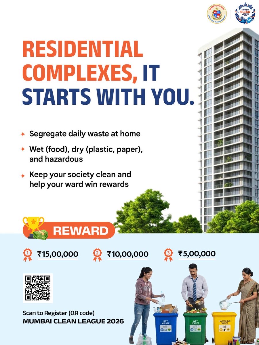 mybmcSWM's tweet photo. All housing societies are requested to take the lead in the Mumbai Clean League. Segregate waste properly and help your ward win.

To participate in the league, scan the QR code or visit https://t.co/UFCIeeyxf2 to register.

#MumbaiForTheWin
#MumbaiCleanLeague2026 #ChampionForACleanTomorrow